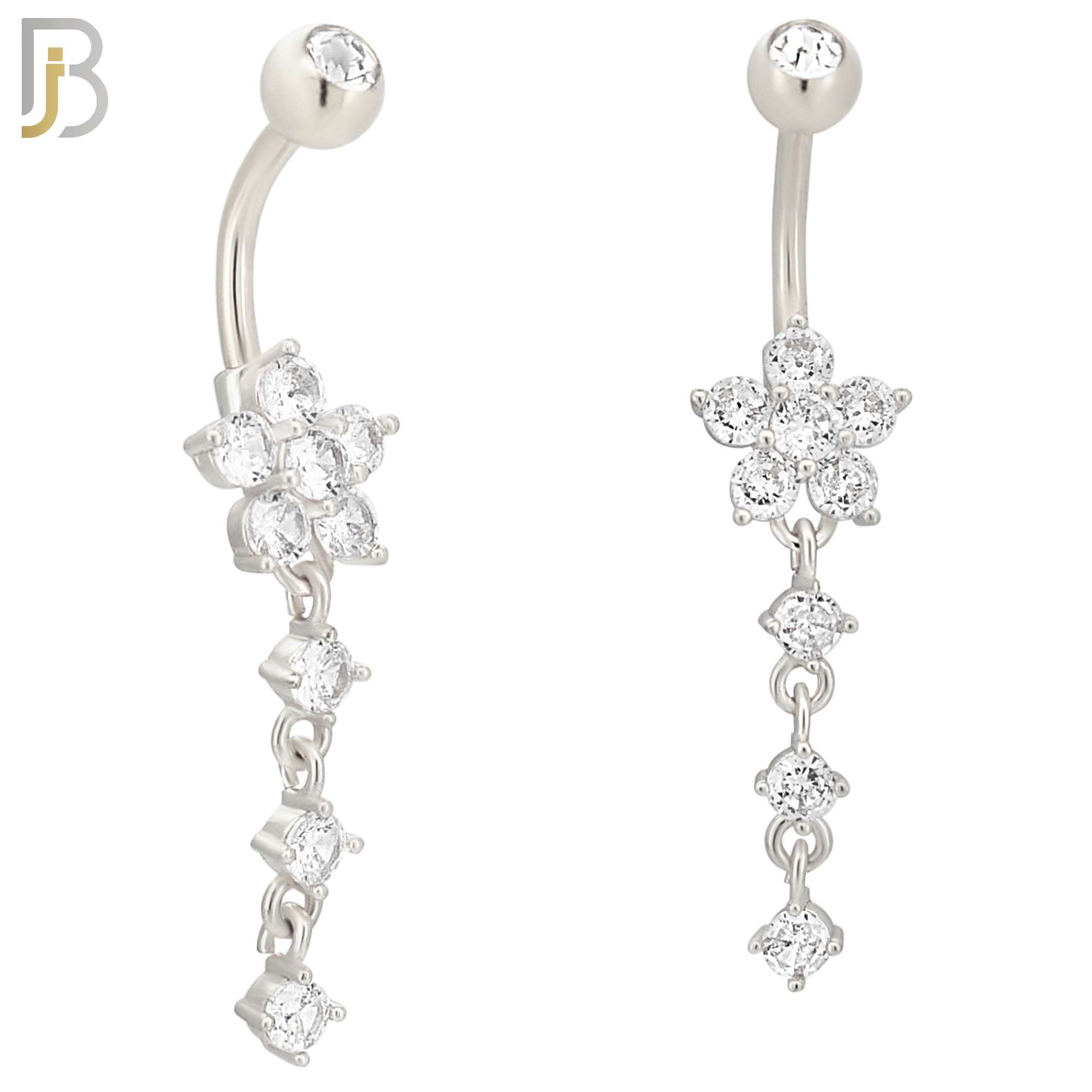 N0107  - 316L Stainless Steel Flower with Three Dangling Line of Zircon Belly Ring image 2