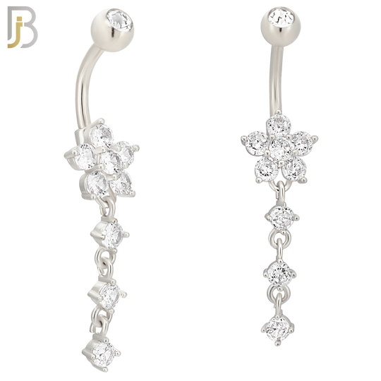 N0107  - 316L Stainless Steel Flower with Three Dangling Line of Zircon Belly Ring image 2