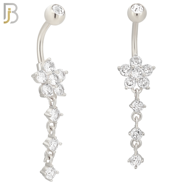 N0107  - 316L Stainless Steel Flower with Three Dangling Line of Zircon Belly Ring image 2
