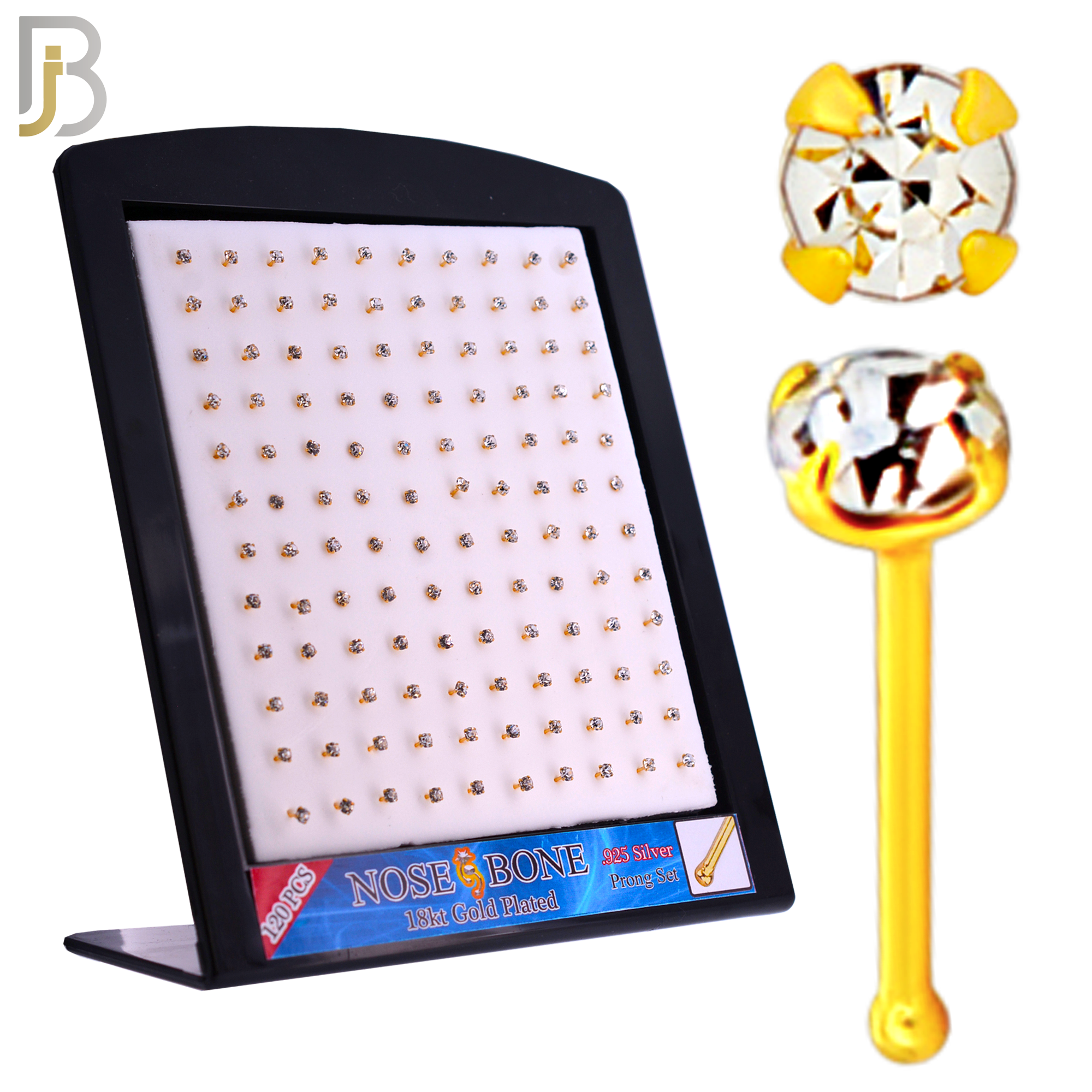 925-PK-NR01Y-1C - 2.5mm 22g Thickness 18KT Gold Plated  925 Sterling Silver Nose Bones, Prong Set Packages Pack of 120 image 0