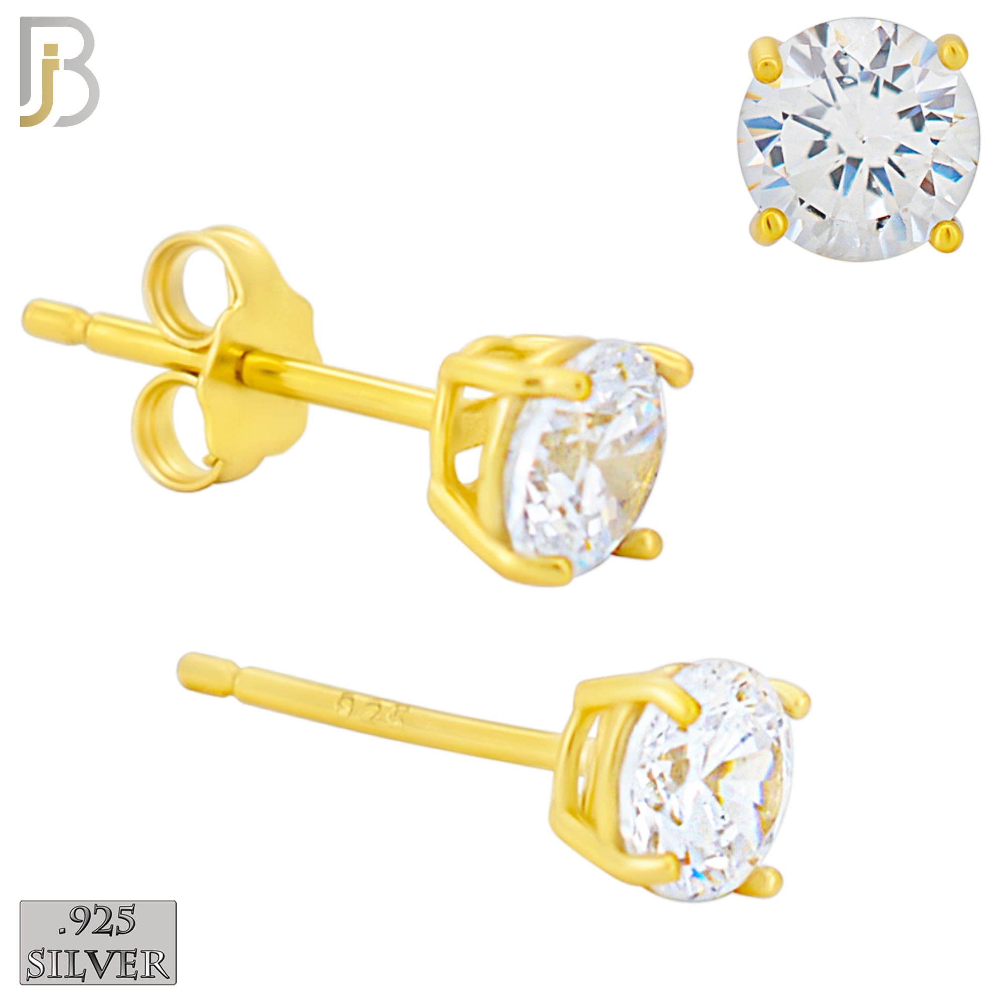 925-ES71-GC - .925 Sterling Silver Gold Plated Earring Stud Casting Round Prong Setting Clear Zircon - 5mm image