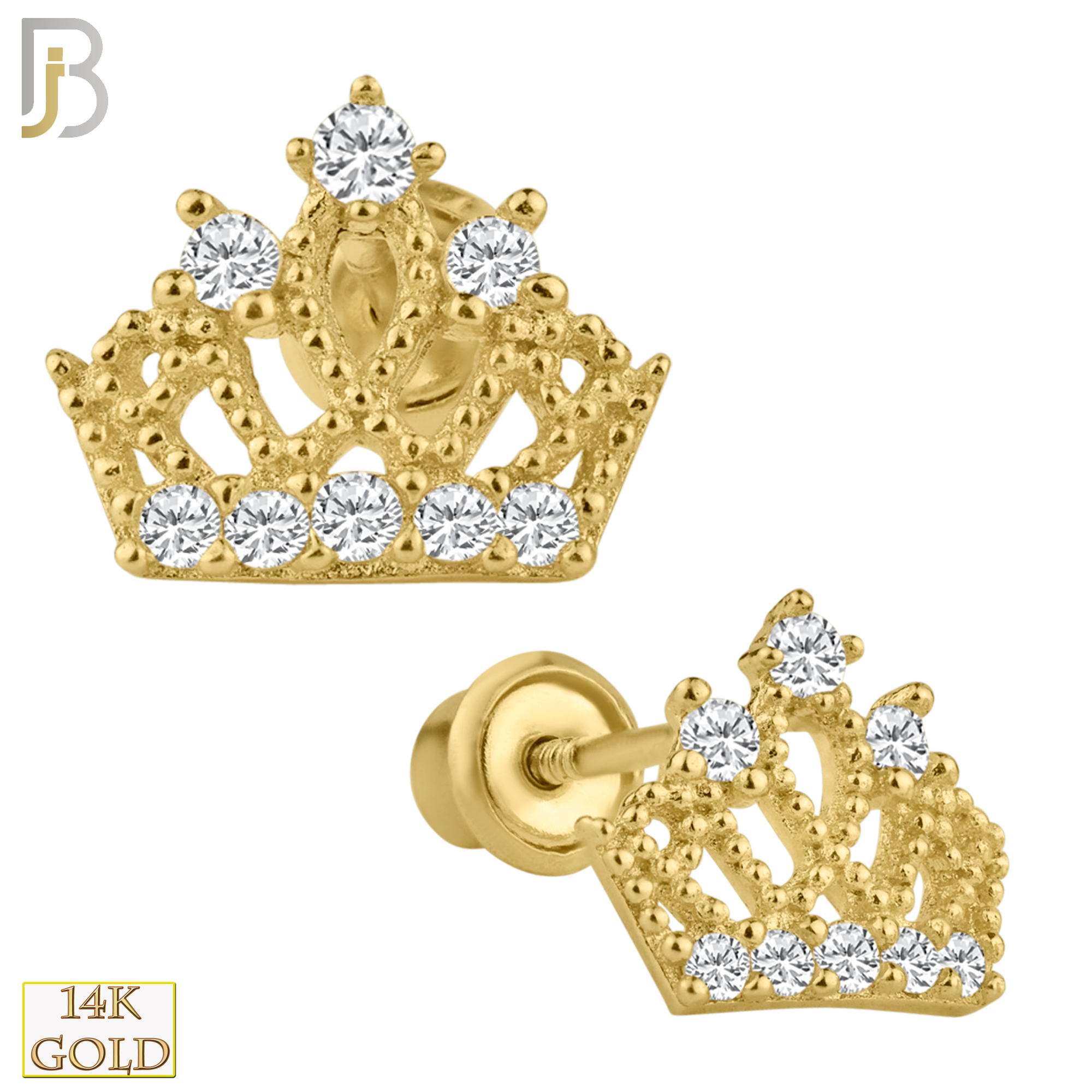 14-ES94 - 14k Solid Gold Crown Design Earring Stud with Clear Zircon image 0