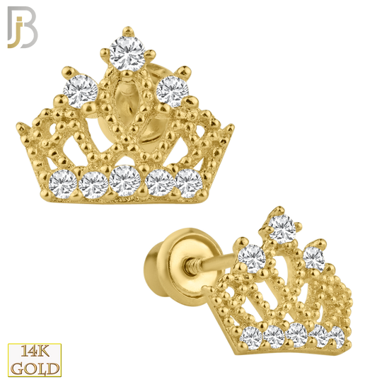 14-ES94 - 14k Solid Gold Crown Design Earring Stud with Clear Zircon image 0