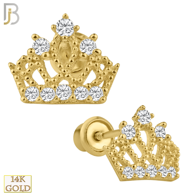 14-ES94 - 14k Solid Gold Crown Design Earring Stud with Clear Zircon image 0