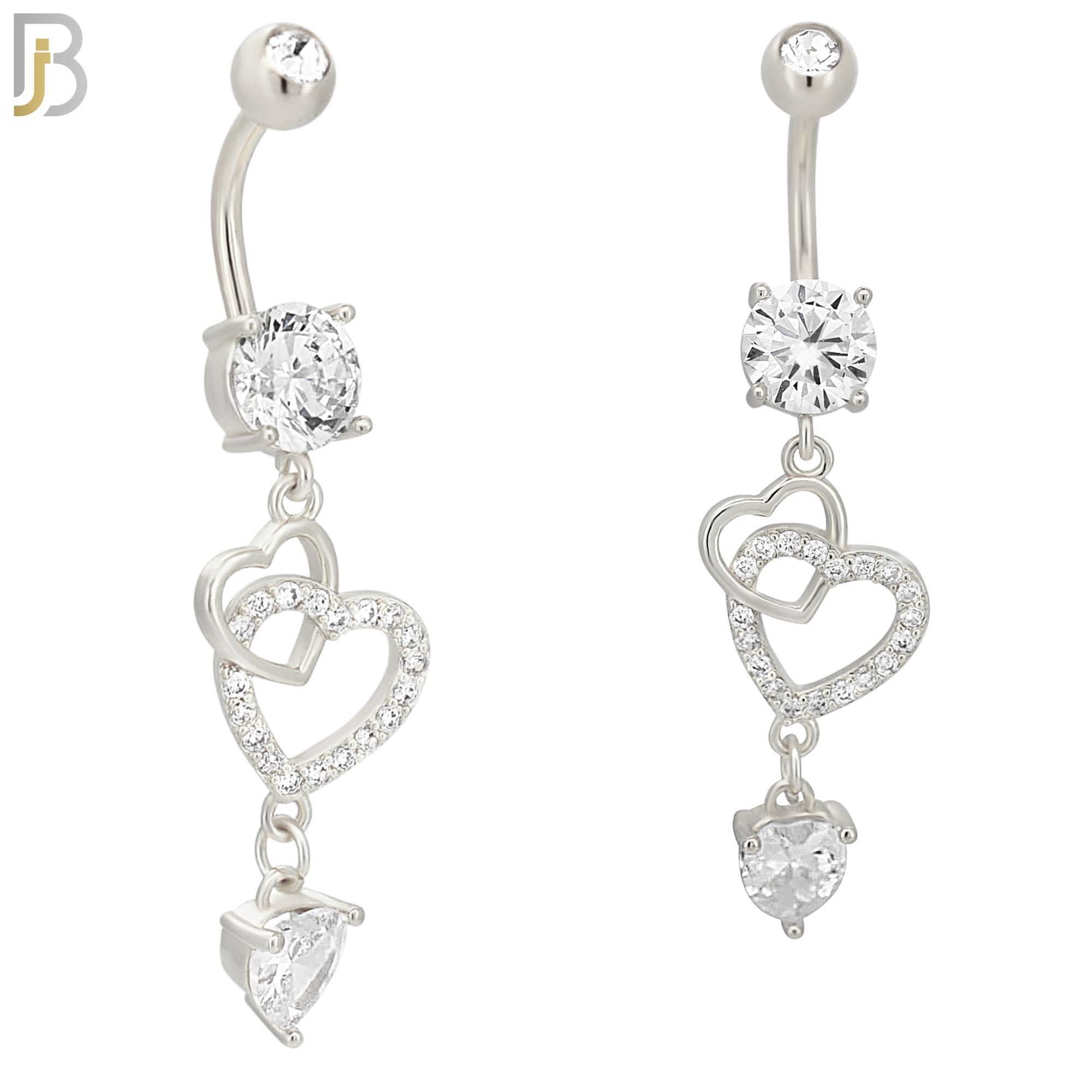 N099  - 316L Stainless Steel Round Zircon with Dangling Linked Hollow Hearts and Heart Shaped Zircon Belly Rings image 1