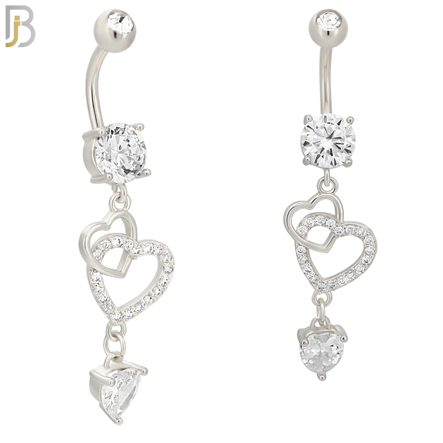 N099  - 316L Stainless Steel Round Zircon with Dangling Linked Hollow Hearts and Heart Shaped Zircon Belly Rings image 1