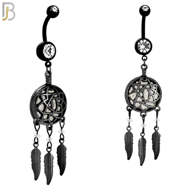 N008 - 316L Stainless Steel Dangling Opal Dreamcatcher Design Belly Ring with 4mm Screw Ball image 3