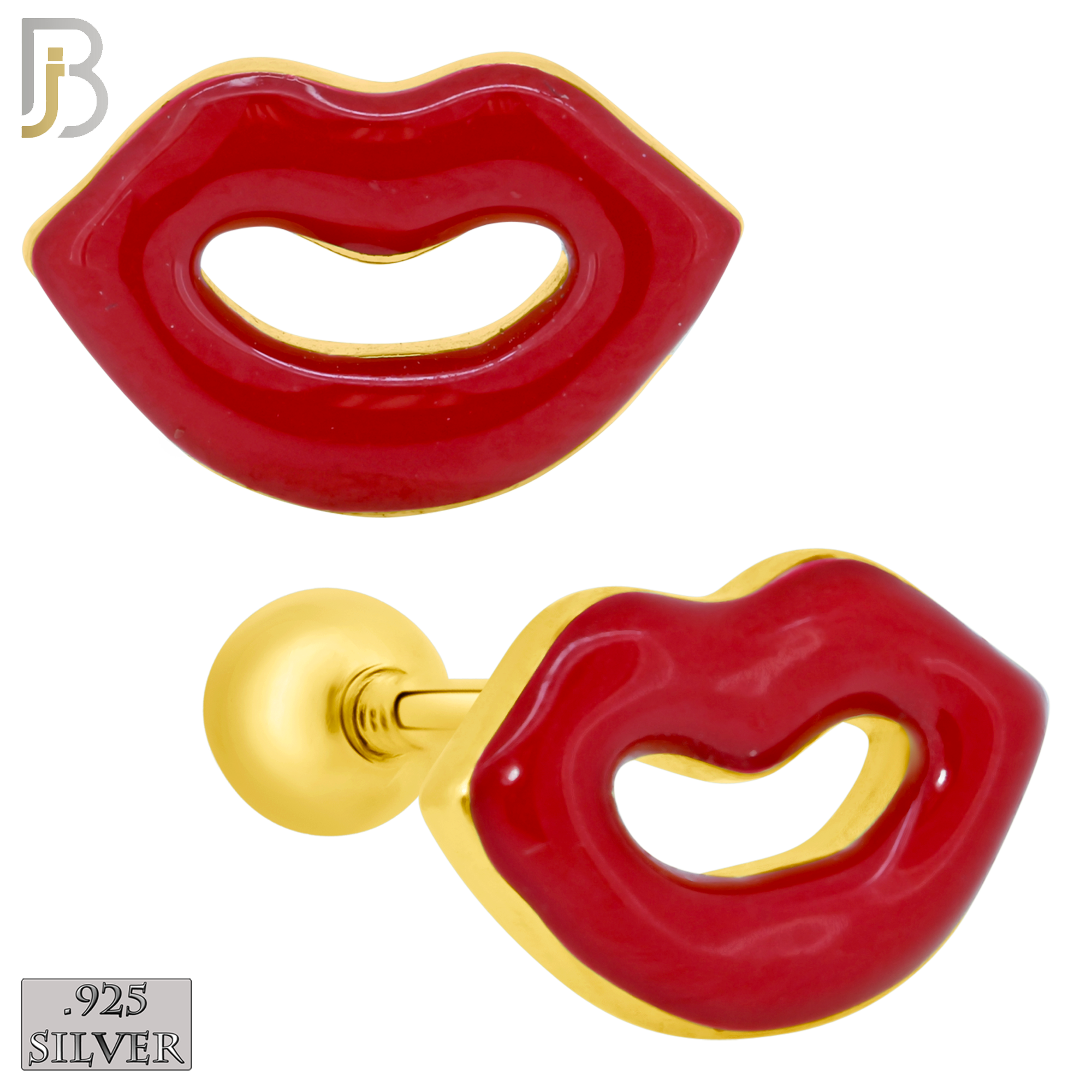925-ES427 - Screw Ball Back - .925 Sterling Silver Red Enamel Lips Earrings Stud Earrings image 1