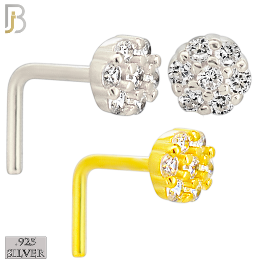 925-NR33LGSC-  925 Sterling Silver Round Shaped Flower Design with CZ L Shape Nose Ring (Pack of 6) - Rhodium Plated and Yellow Gold Plated image