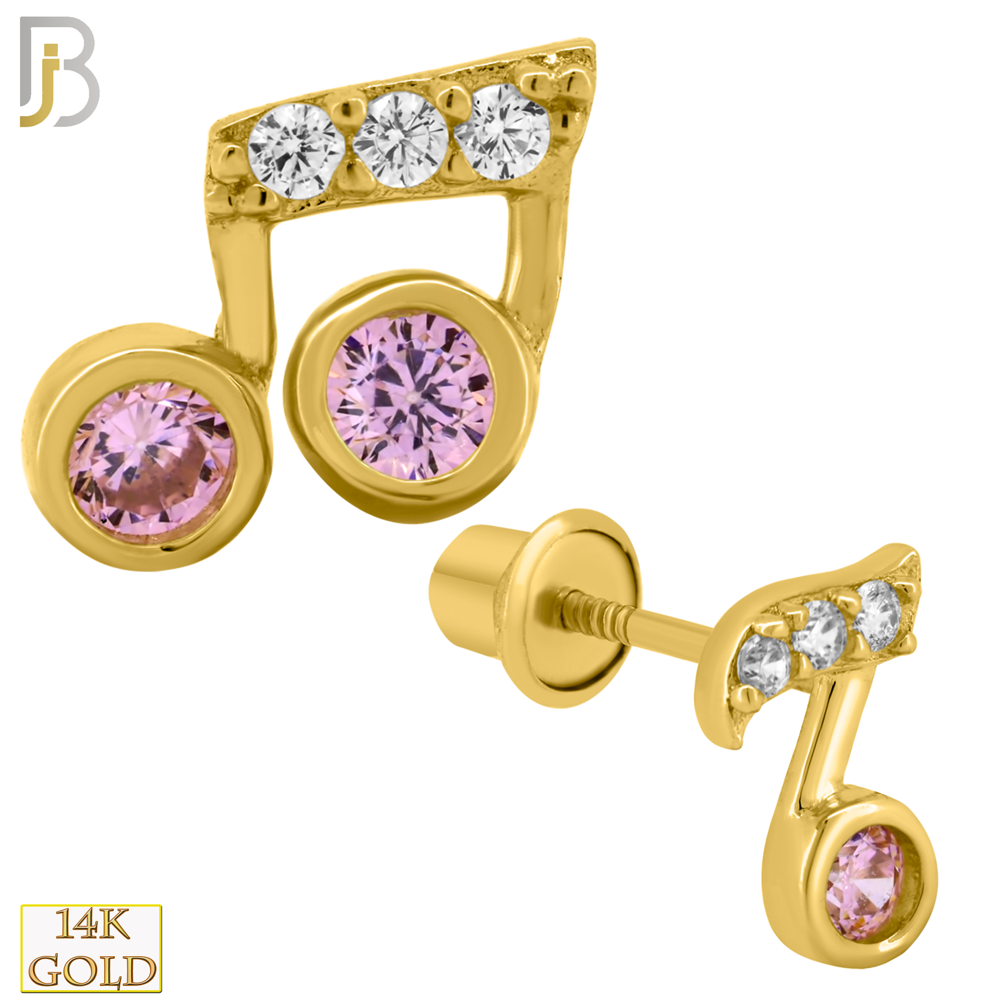 14-ES214 - 14k Solid Gold Musical Note Design Earring Stud with Clear/Pink Zircon image 0