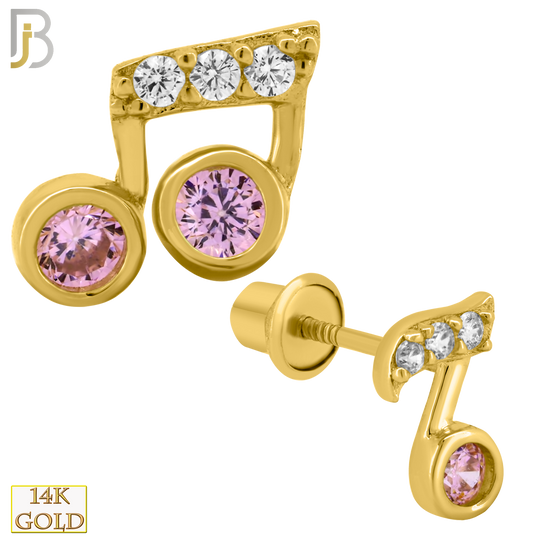 14-ES214 - 14k Solid Gold Musical Note Design Earring Stud with Clear/Pink Zircon image 0