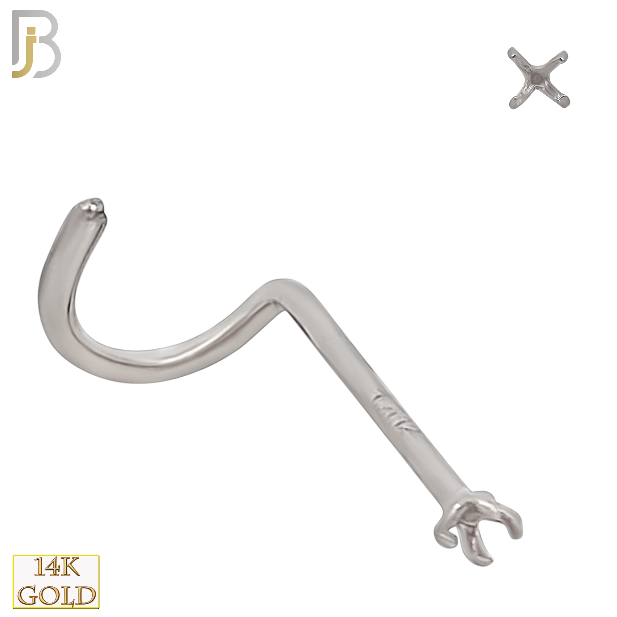 14-NR03W-20 - 20g Thickness 14k Solid White Gold Prong Setting Nose Screw, Cork Screw Mounting Only image 1