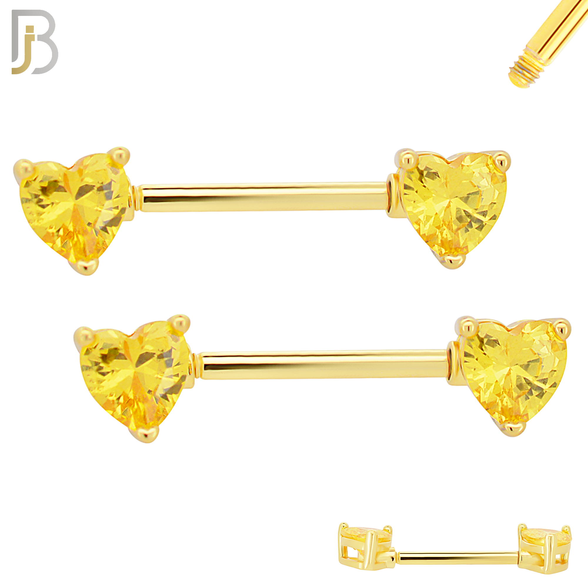 NP03G - 316L Surgical Steel Gold Plated Screw Prong Heart Zircon Nipple Ring Piercing image 1