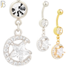 N010 - 316L Stainless Steel Dangling Crescent Moon and Star Zircon Design Belly Ring with 4mm Screw Ball image 0