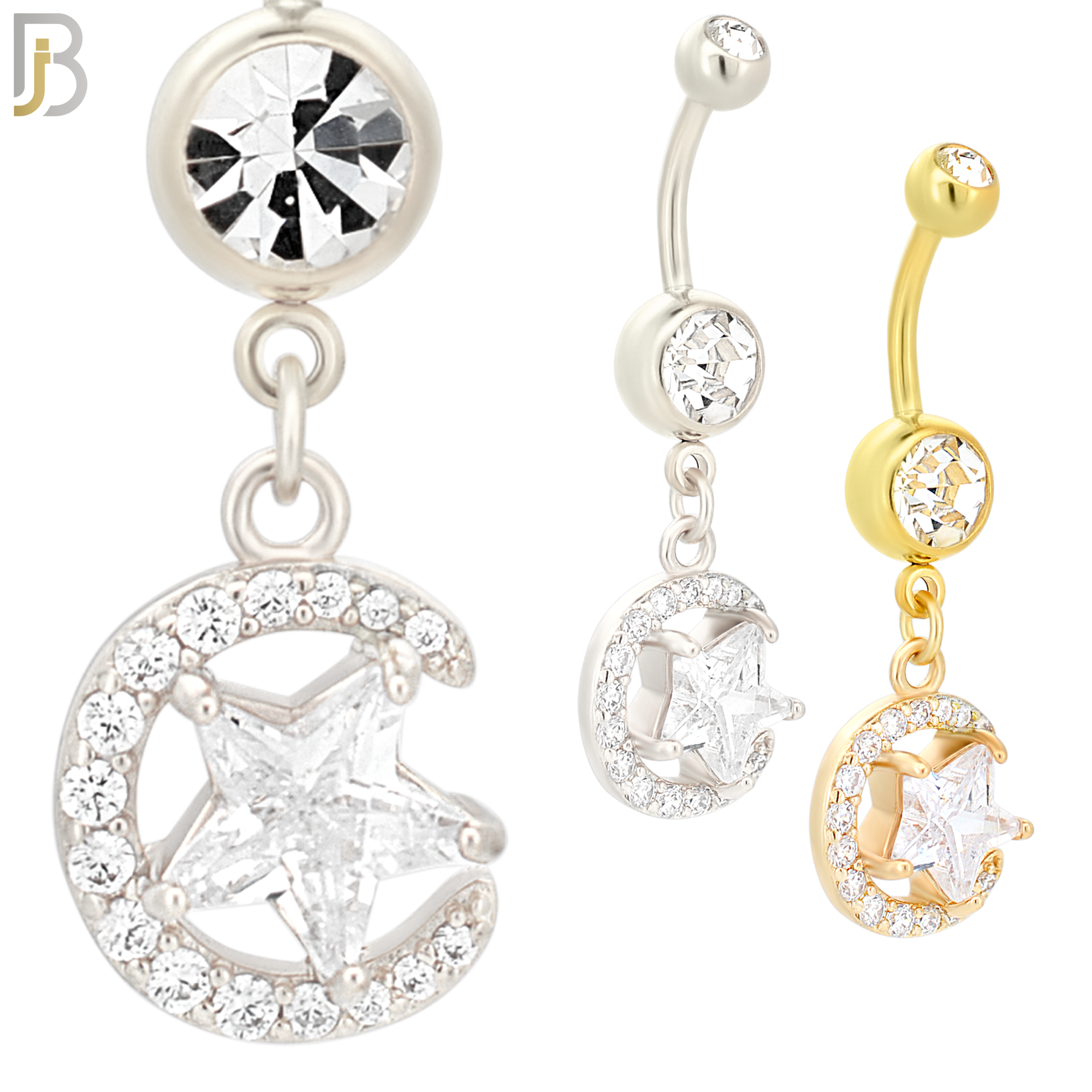 N010 - 316L Stainless Steel Dangling Crescent Moon and Star Zircon Design Belly Ring with 4mm Screw Ball image 0