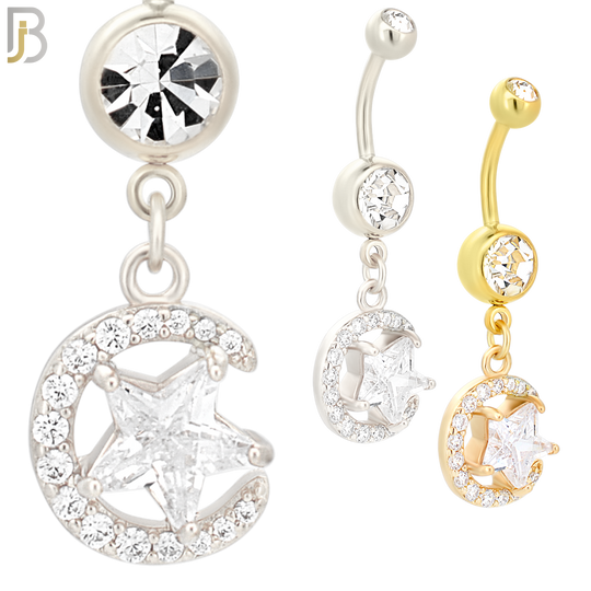 N010 - 316L Stainless Steel Dangling Crescent Moon and Star Zircon Design Belly Ring with 4mm Screw Ball image 0