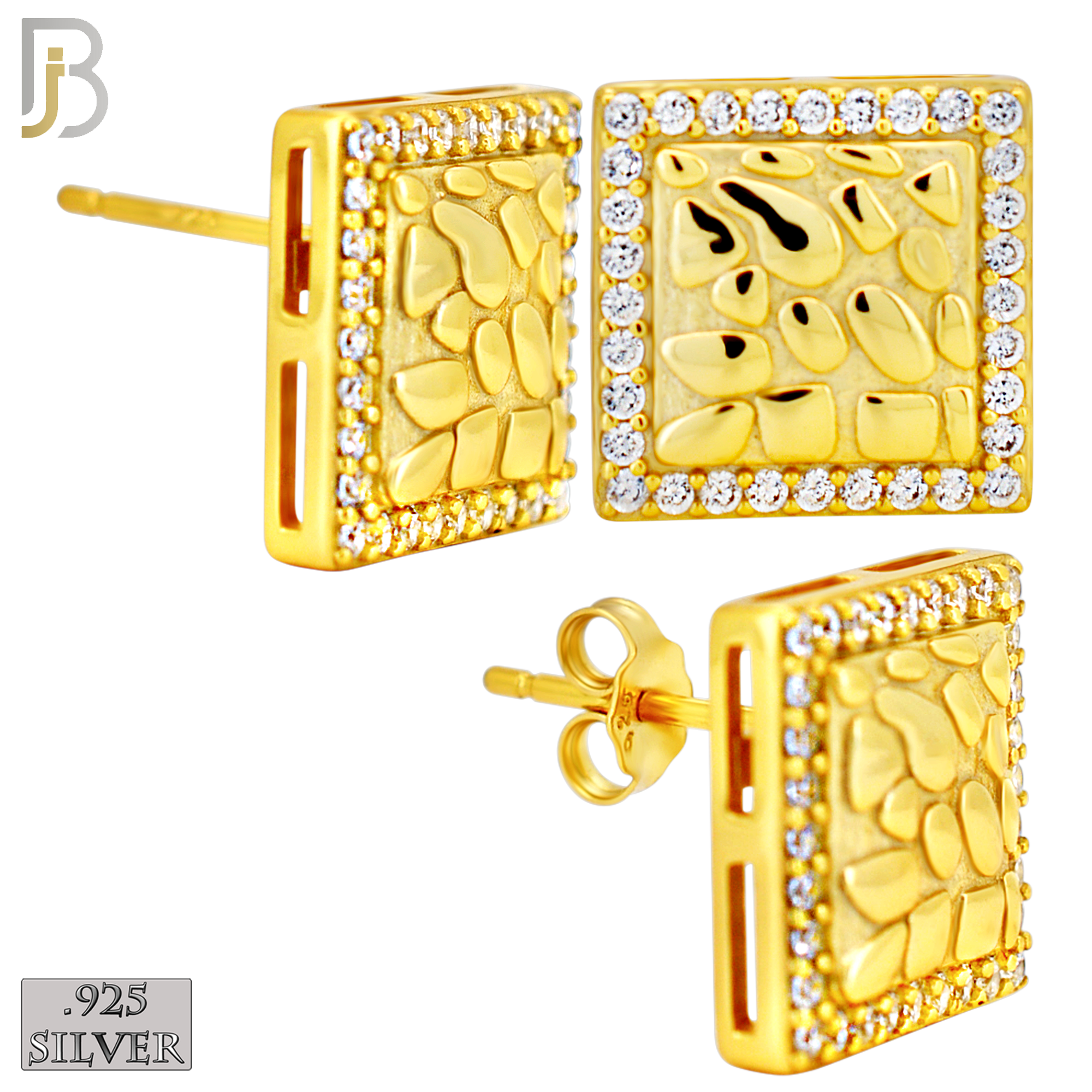 925-ES517 - 925 Sterling Silver Square with CZ Halo Nugget Push Back Earrings - 12mm image