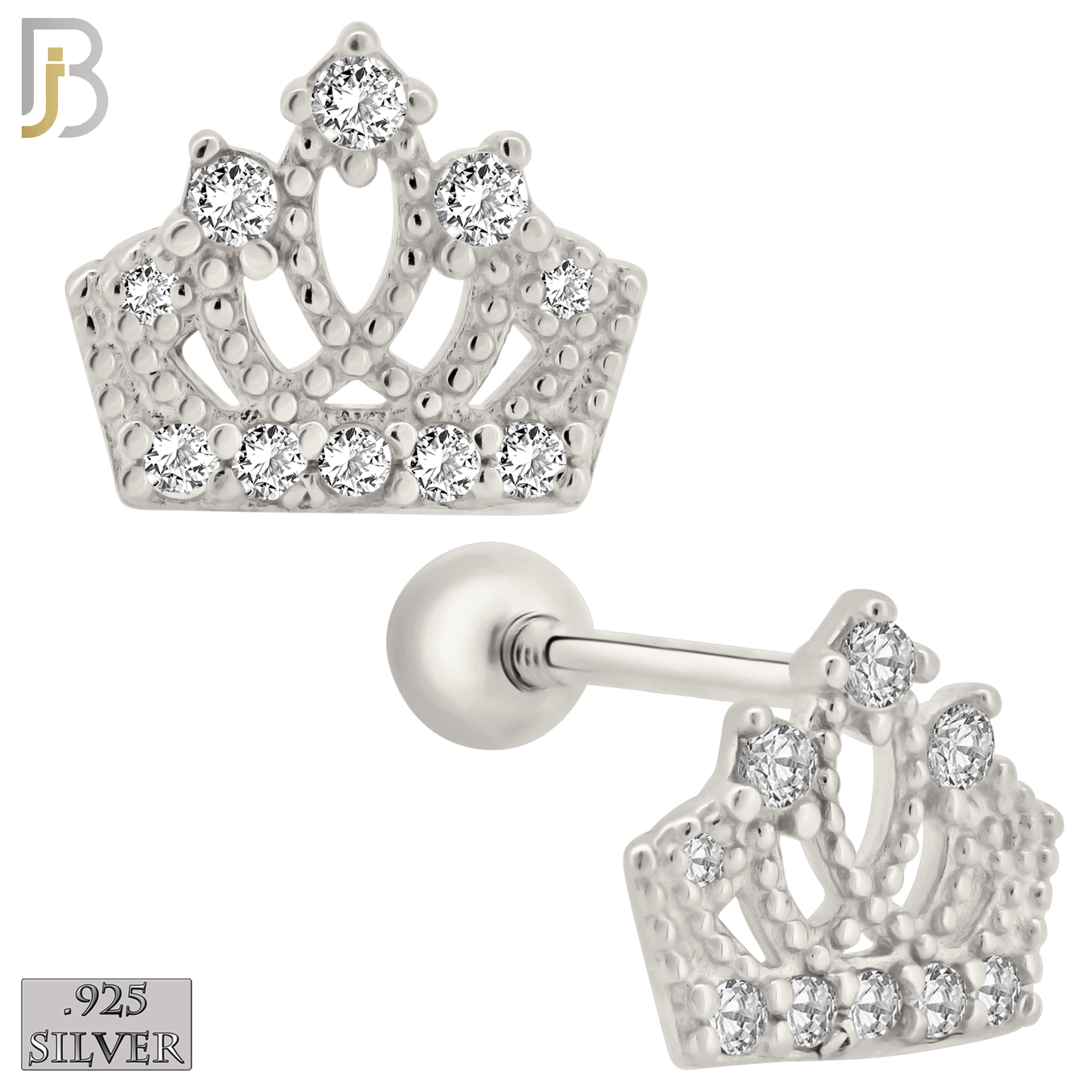 925-ES209 - Screw Ball Back - .925 Sterling Silver Crown Design Earring Stud with Clear Zircon image 1