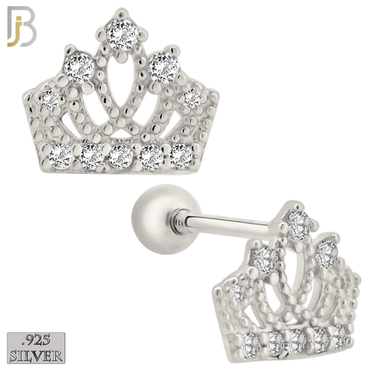 925-ES209 - Screw Ball Back - .925 Sterling Silver Crown Design Earring Stud with Clear Zircon image 1