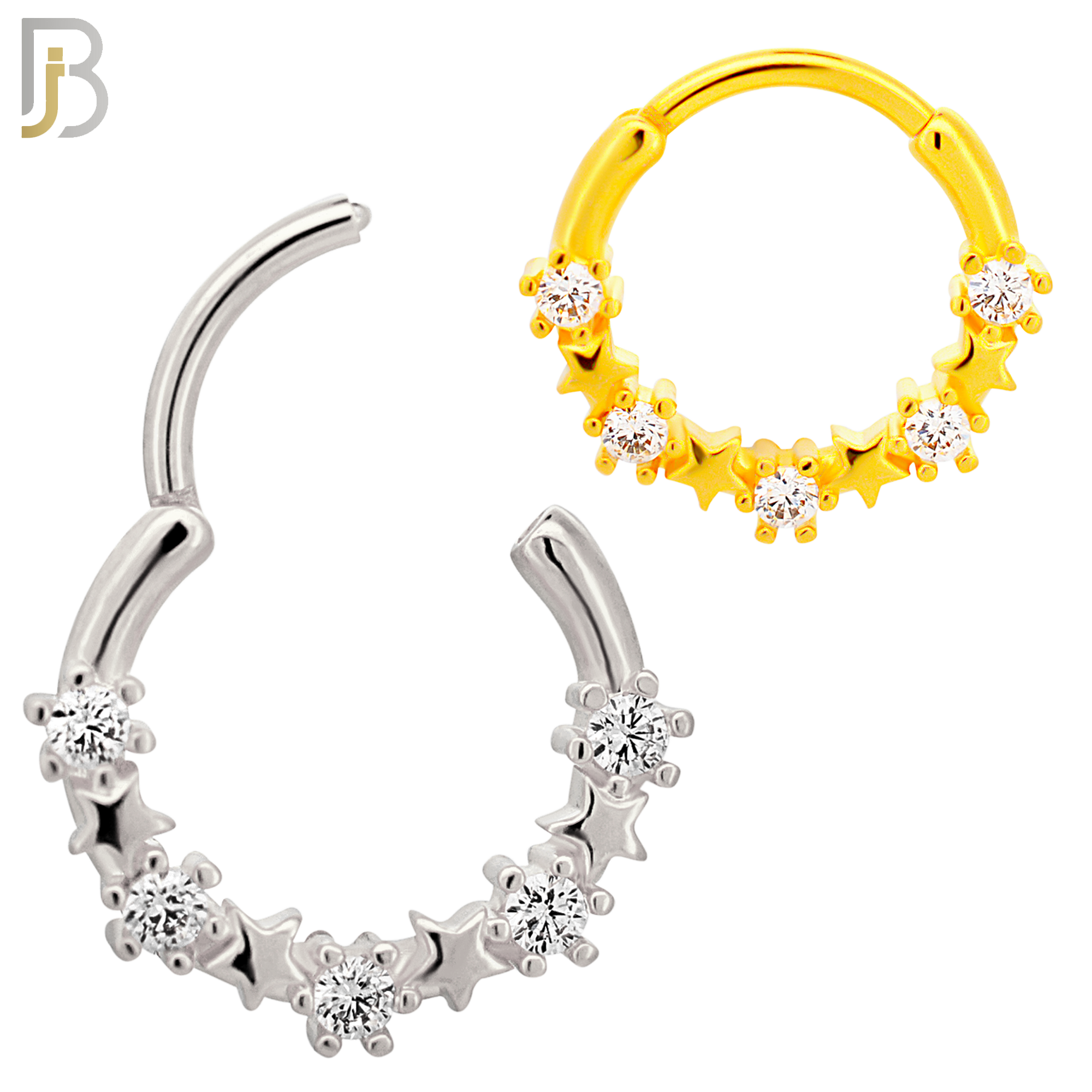 CT125 - 316 Surgical Steel Alternating Plain and CZ Stars Hinged Hoop   (Pack of 6) image 0