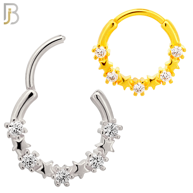 CT125 - 316 Surgical Steel Alternating Plain and CZ Stars Hinged Hoop   (Pack of 6) image 0