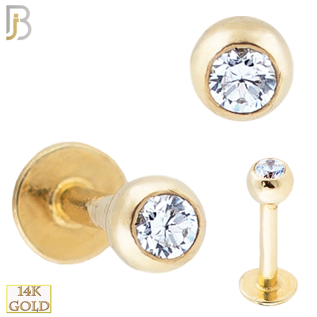 14-LB06 - 14k Solid Gold Plain Labret Externally Theaded Ball with CZ - Yellow Gold image