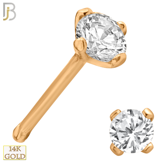 14-NR01CR-20 - 20g Thickness 14k Solid Rose Gold Prong Setting Round Cubic Zirconia Nose Bone - 2.5mm image