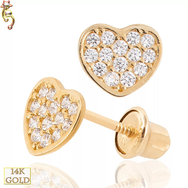 14-ES16 - 14k Solid Gold Screw Back Earrings 5x6mm Heart  CZ Design image 0