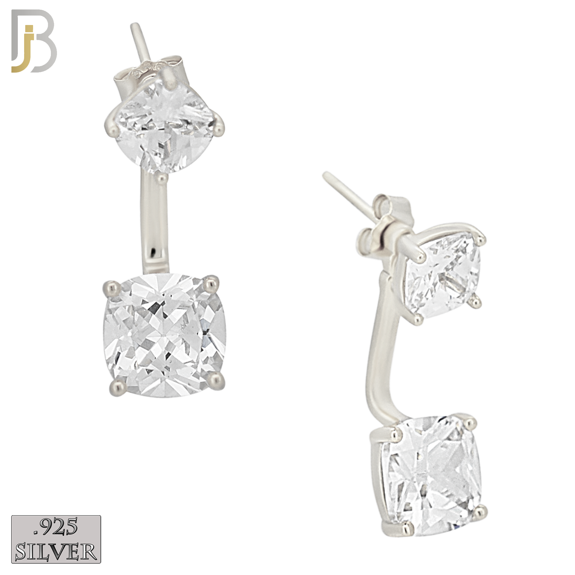925-ES468 - 925 Sterling Silver Double Curvy Square CZ in Prong Set Push Back L-Dangle Earring image 0