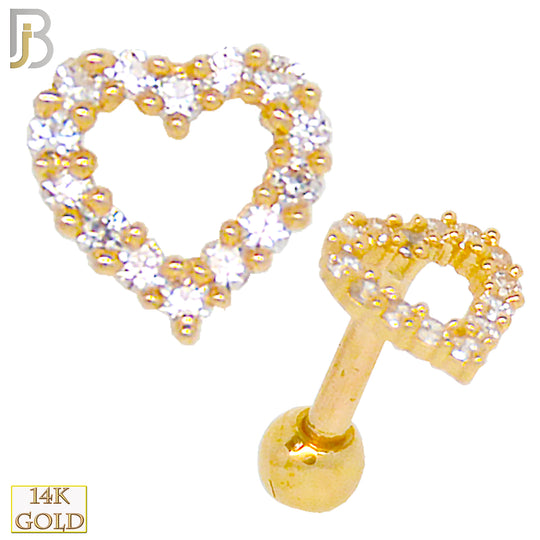 14-TB15 - 14k Solid Gold Hollow Heart Design Tragus Barbell Cartilage Earrings Piercing Screw Ball - Yellow Gold image