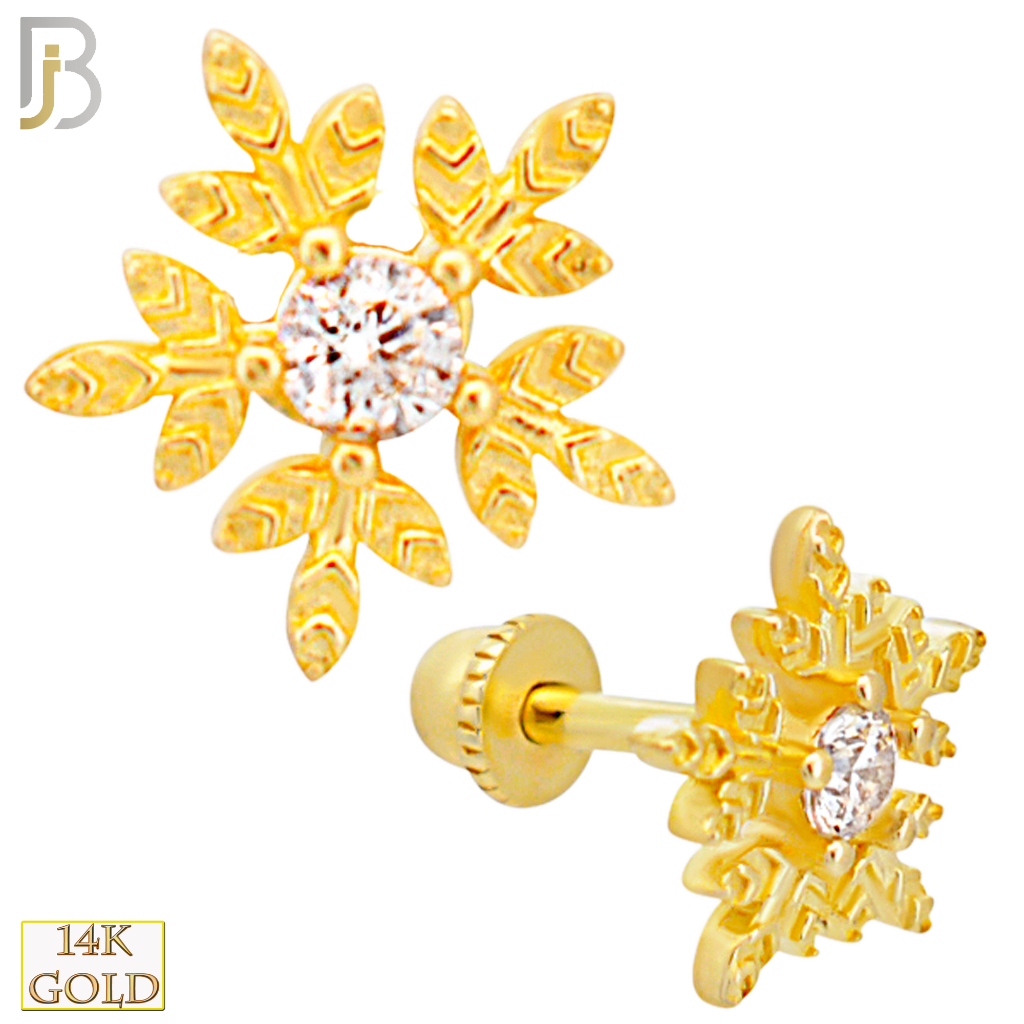 14-TB55 - 14k Yellow Gold Snowflake with CZ Center Tragus Barbell with Baby Screw Backing image 0