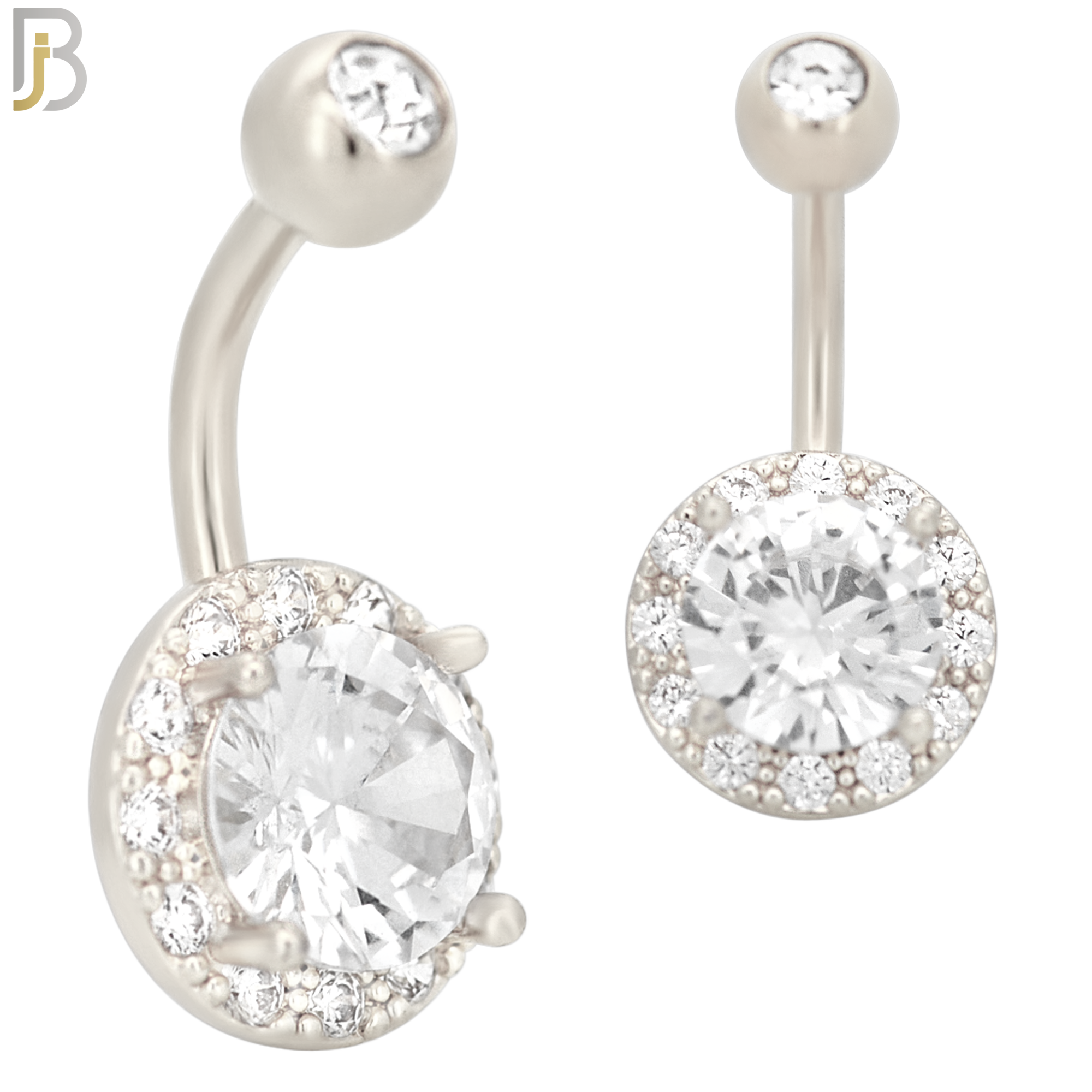 NB21 - 316L Stainless Steel Round Prong with  Zircon Around  Banana Belly Navel Ring image 1