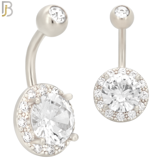 NB21 - 316L Stainless Steel Round Prong with  Zircon Around  Banana Belly Navel Ring image 1