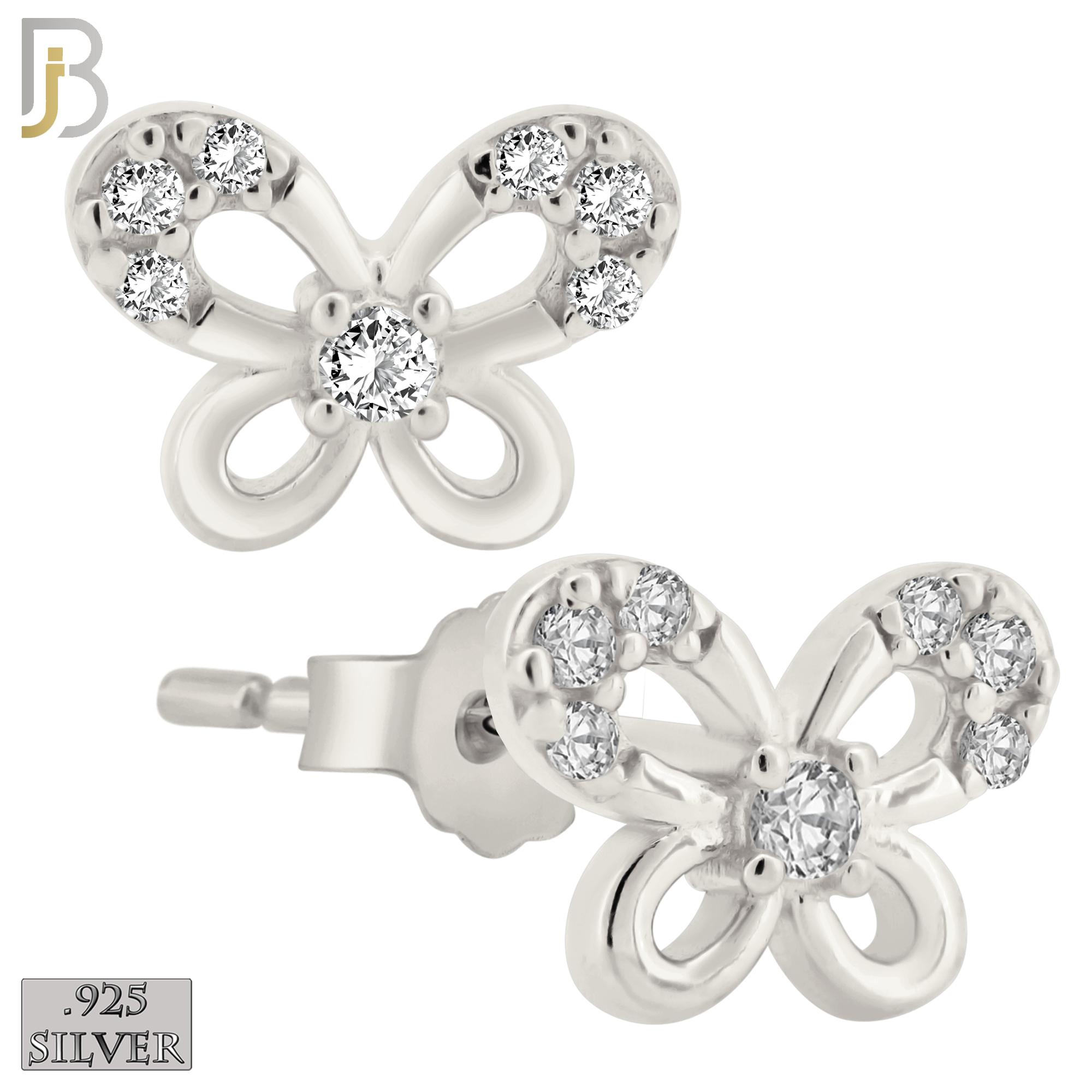 925-ES208 - Push Back - .925 Sterling Silver Butterfly Design Earring Stud with Clear Zircon image 1
