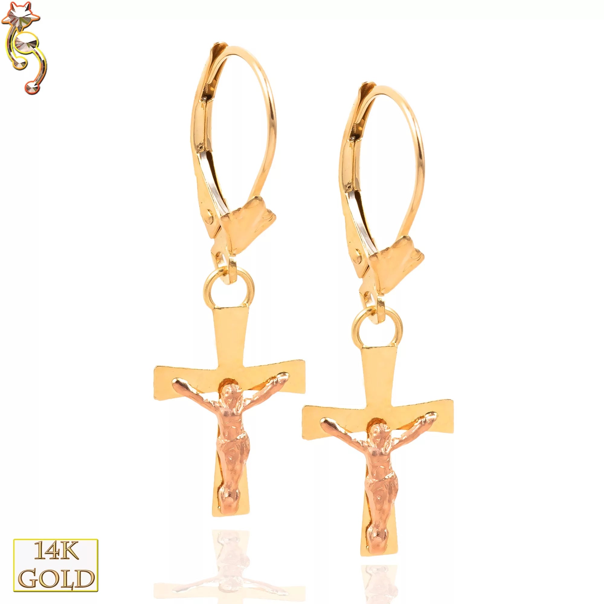 14-ES32 - 14k Solid Gold Hoops Earrings Crucifix Cross Design image 0