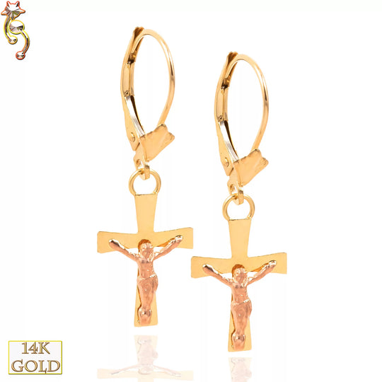14-ES32 - 14k Solid Gold Hoops Earrings Crucifix Cross Design image 0