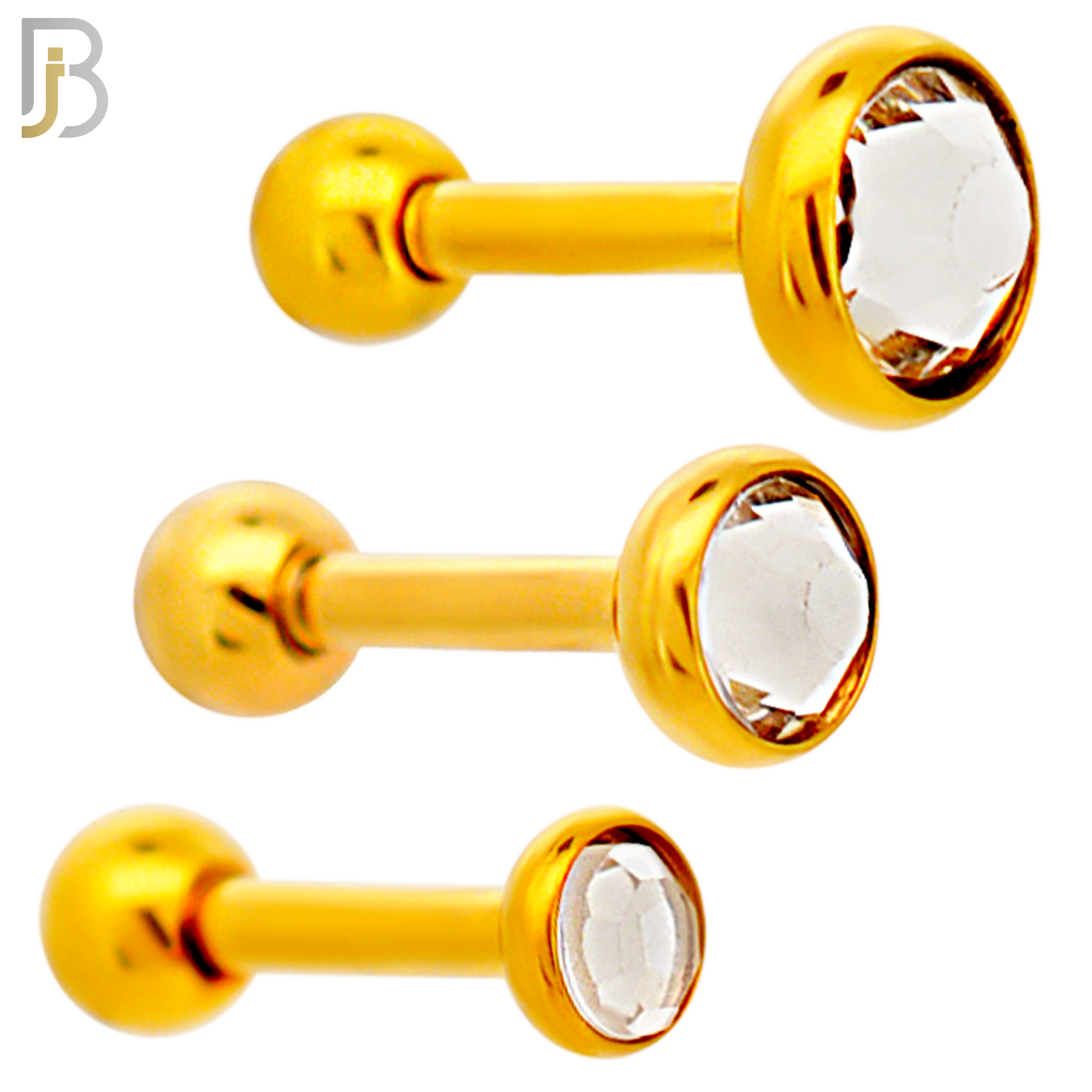 TB118GC -  Gold Plated Clear Color 316L Stainless Steel Bezel Tragus/Cartilage Barbell (PACK OF 6) image 0