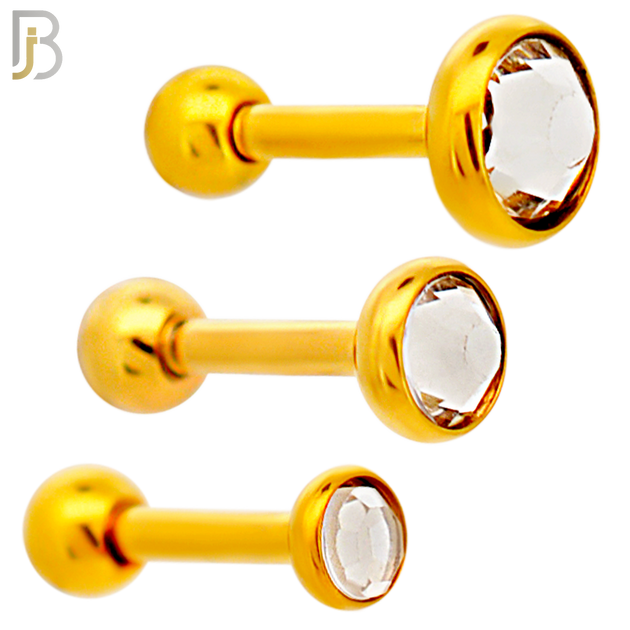 TB118GC -  Gold Plated Clear Color 316L Stainless Steel Bezel Tragus/Cartilage Barbell (PACK OF 6) image 0