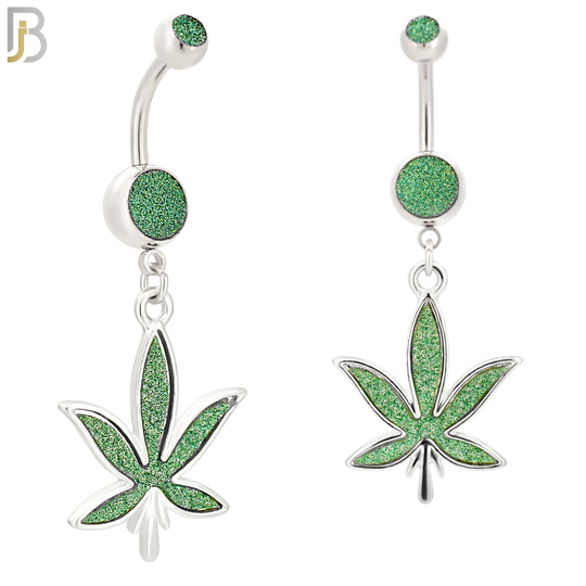 N002 - 316L Stainless Steel Dangling Marijuana Leaf Sandpaper Design Belly Ring with 4mm Screw Ball image 2
