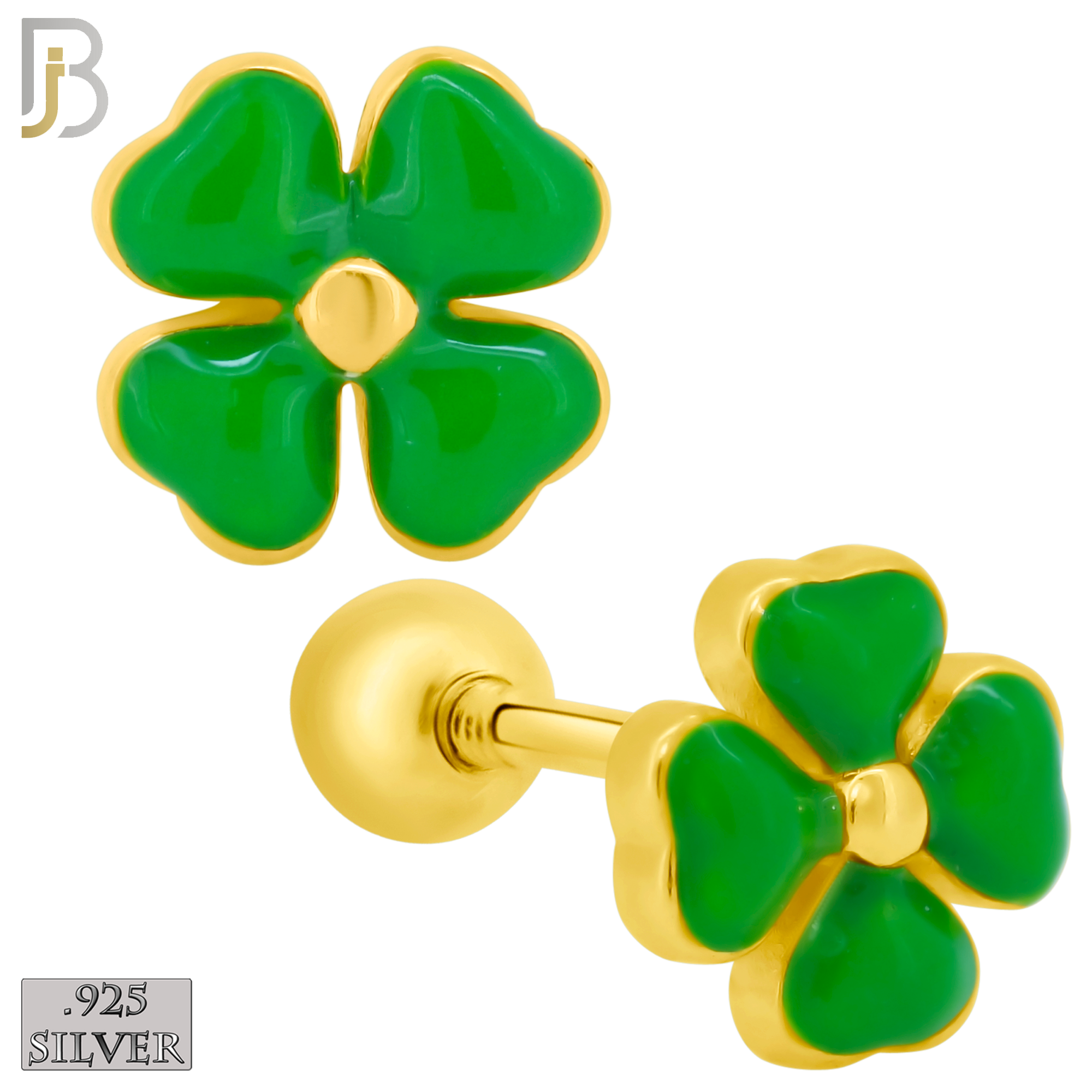 925-ES429 - Screw Ball Back - .925 Sterling Silver Green Enamel Four Leaf Clover Earrings Stud image 1