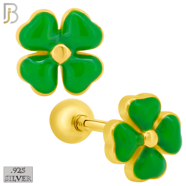 925-ES429 - Screw Ball Back - .925 Sterling Silver Green Enamel Four Leaf Clover Earrings Stud image 1