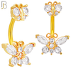 NB60 - 316L Stainless Steel Double Butterfly Banana Belly Ring with Cubic Zirconia image 2