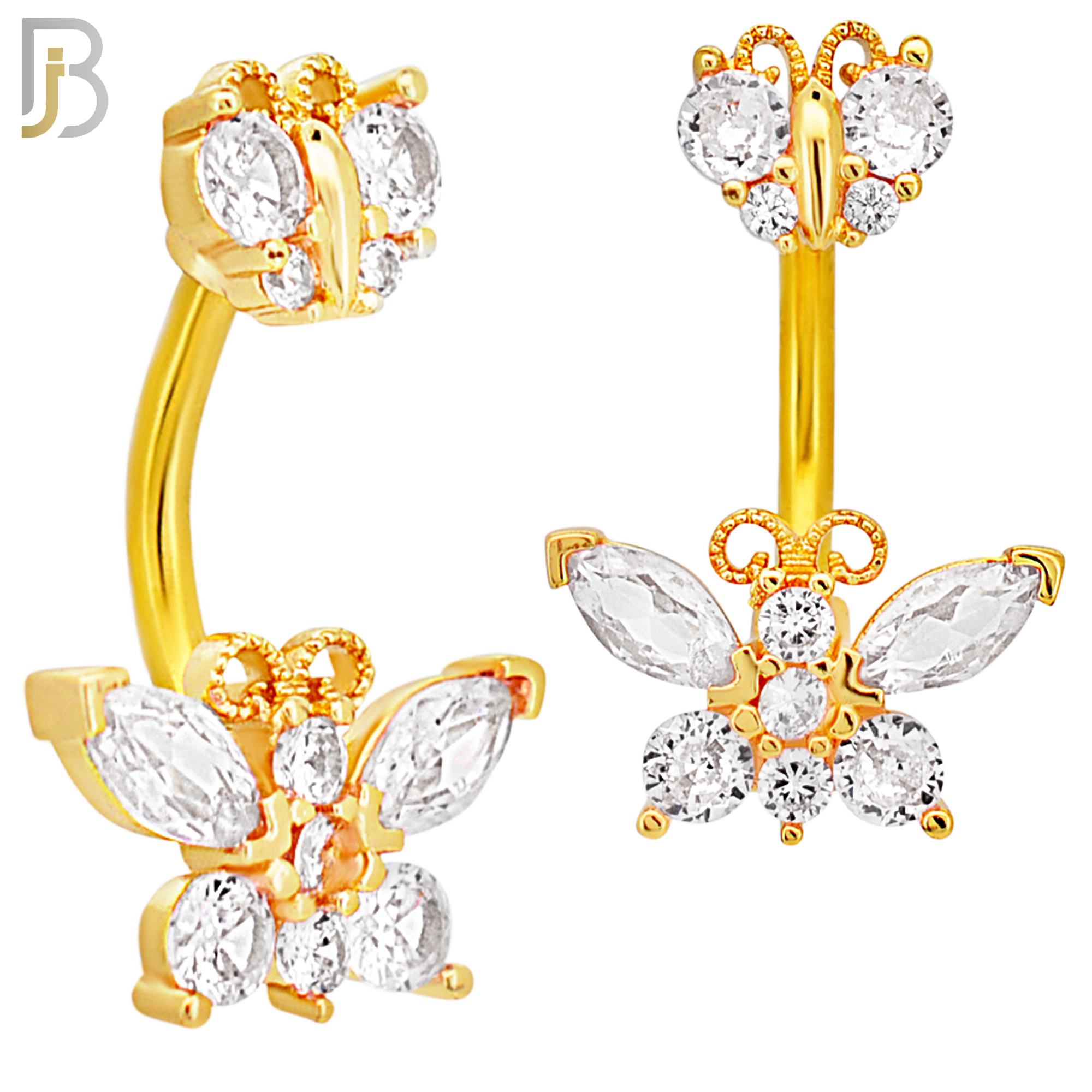 NB60 - 316L Stainless Steel Double Butterfly Banana Belly Ring with Cubic Zirconia image 2