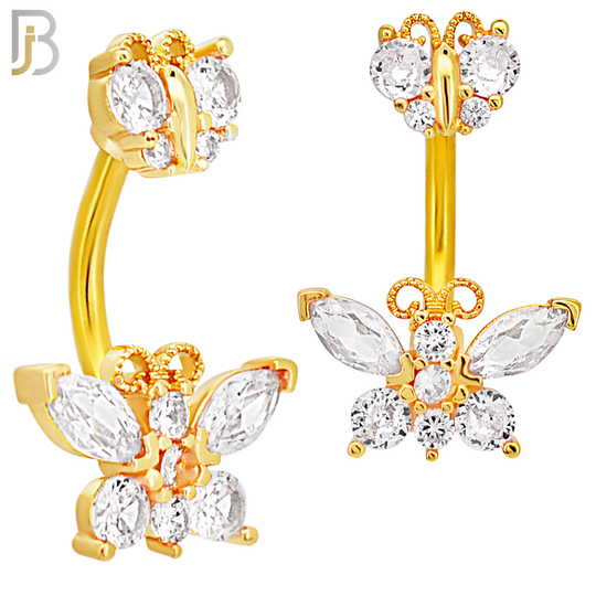 NB60 - 316L Stainless Steel Double Butterfly Banana Belly Ring with Cubic Zirconia image 2