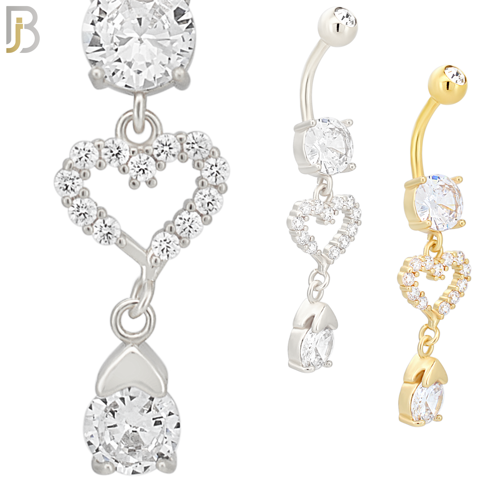 N095  - 316L Stainless Steel Round Zircon with Dangling Heart with Zircon Belly Ring image 0