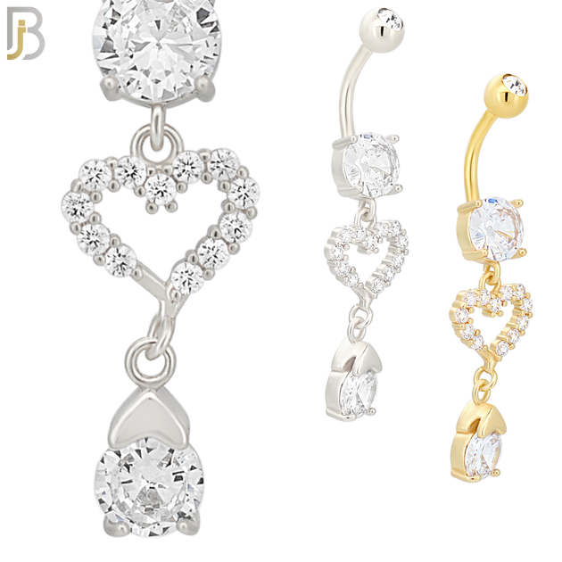 N095  - 316L Stainless Steel Round Zircon with Dangling Heart with Zircon Belly Ring image 0