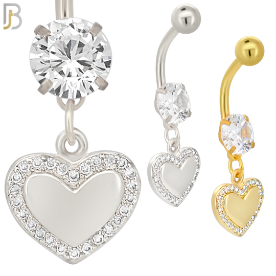 N084  - 316L Stainless Steel Dangling Plain Heart Center Surrounded with CZ Belly Ring image 0