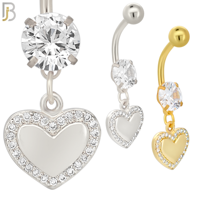 N084  - 316L Stainless Steel Dangling Plain Heart Center Surrounded with CZ Belly Ring image 0