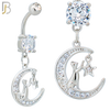 N0120 - 316L Stainless Steel Dangling Moon with Cat and Star and Multi Zircon Belly Ring - Steel image