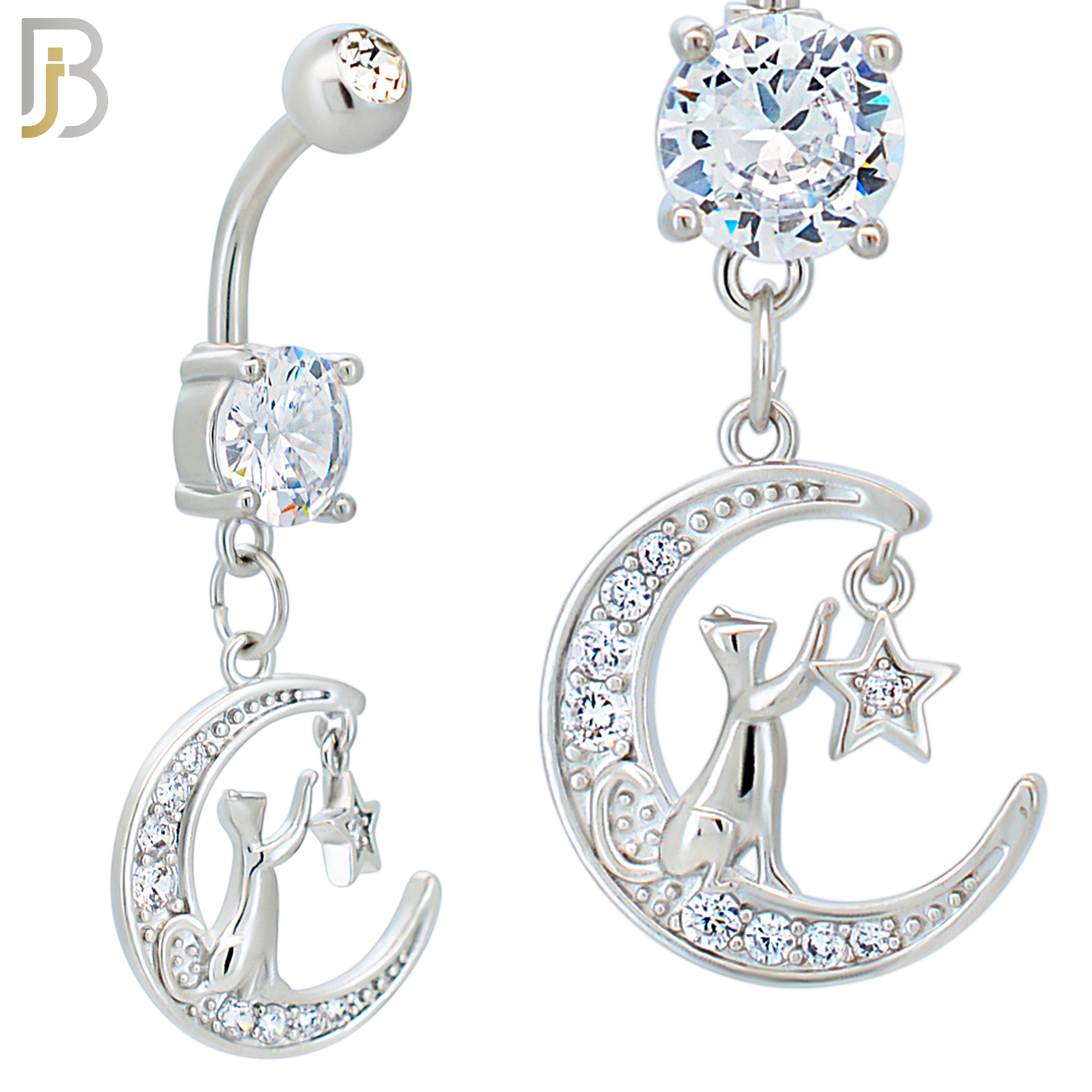 N0120 - 316L Stainless Steel Dangling Moon with Cat and Star and Multi Zircon Belly Ring - Steel image